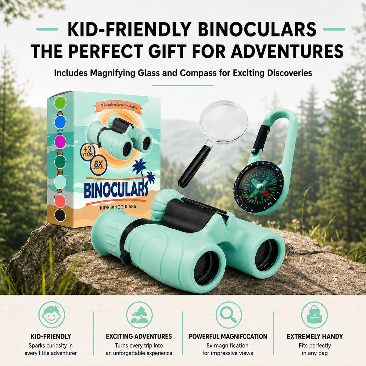 Binoculars for Kids – Perfect Toy for Little Boys and Girls – Extensive Set Incl. Magnifying Glass & Compass – Powerful Magnification 8X21 – 3 to 12 Year Old Kids for Toddler