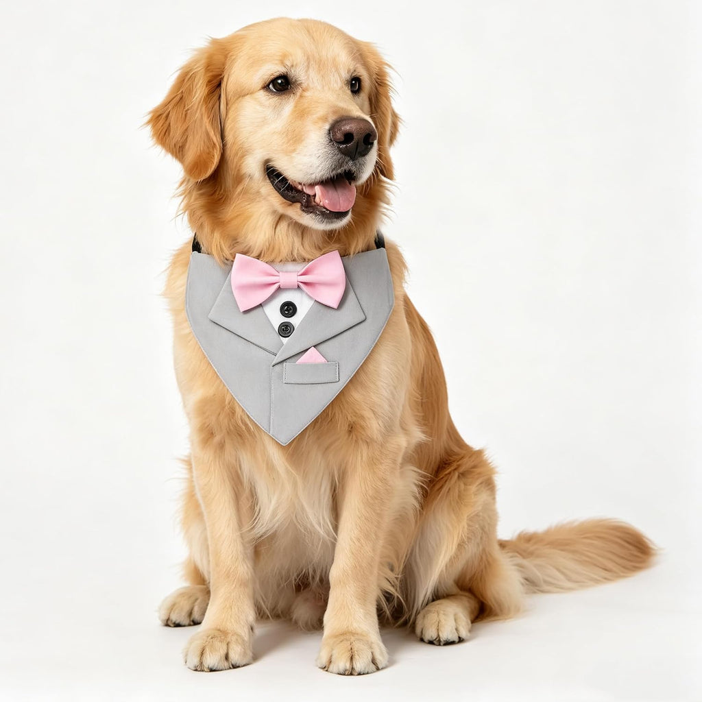 Formal Tuxedo Suit Dog Collar, Wedding Graduation Costume Make-up Pet Supplies, Tux Light Gray Bandana with Pink Bowtie (L)