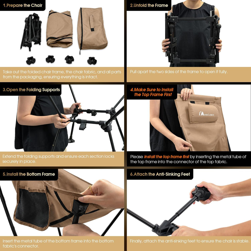 MOON LENCE High Back Folding Camping Chairs, Height-Adjustable, Widened Seat, for Beach with Anti-Sinking Feet (Khaki)