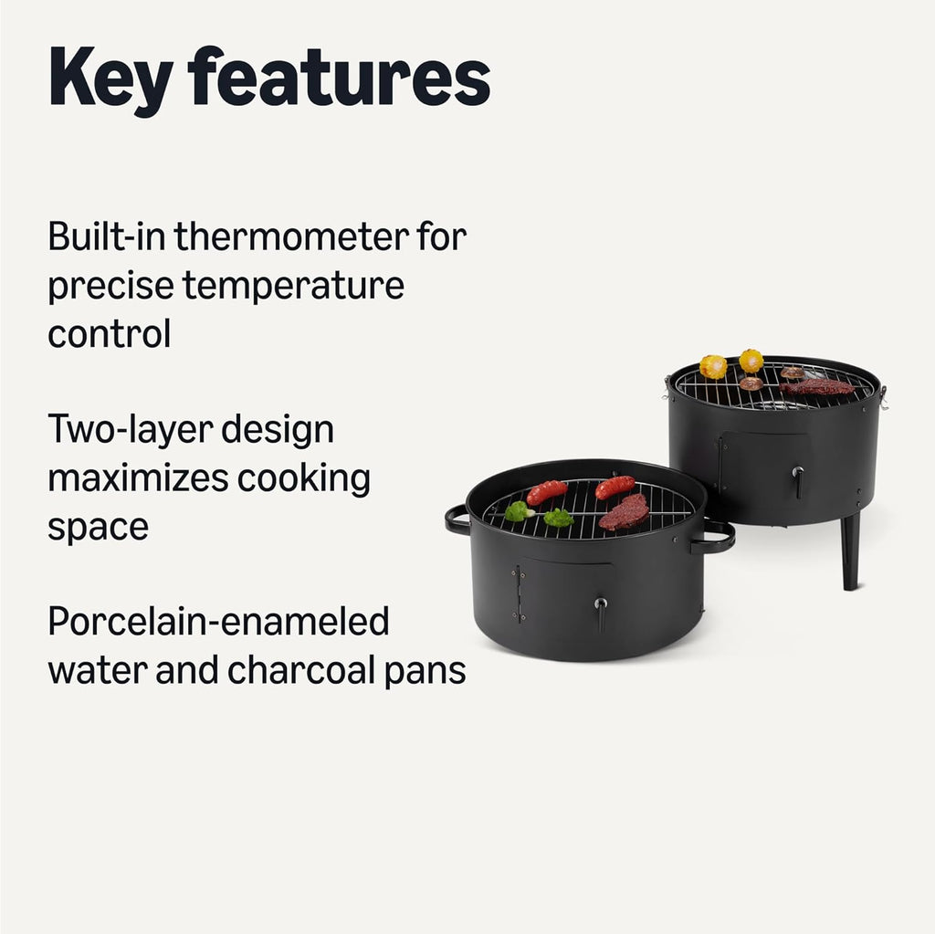 Amazon Basics 16 inch Vertical Charcoal Outdoor Smoker, BBQ Grill, with Built-in Thermometer, 2-Layer Design, Adjustable Air Supply Control, Black