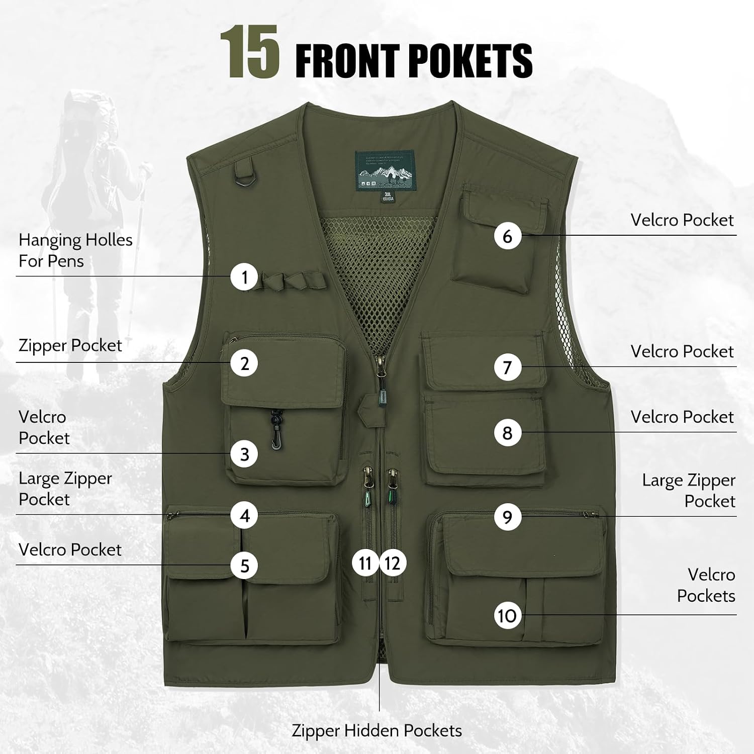 AOTORR Mens Outdoor Work Safari Cargo Photo Travel Fishing Vests for Men with Multi-pockets