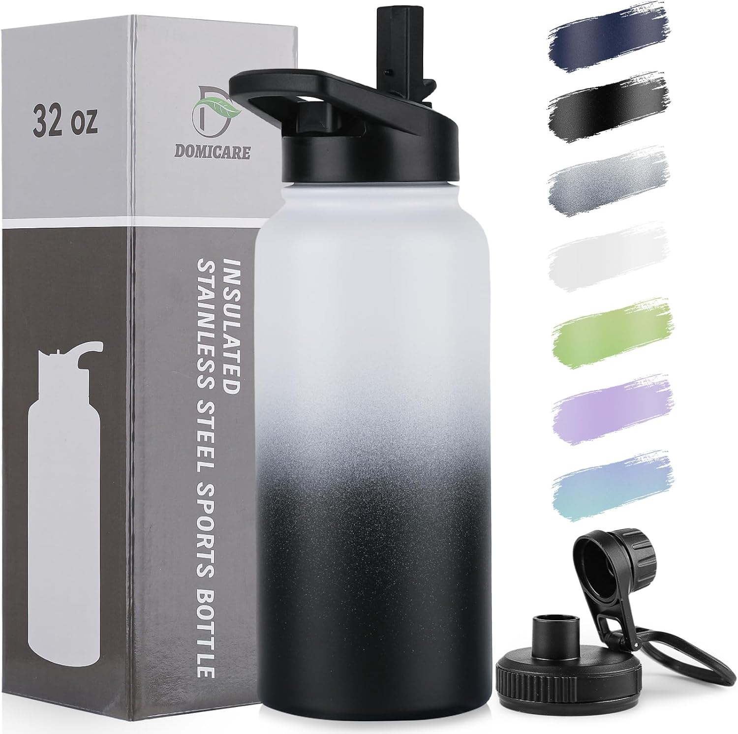 DOMICARE 32 oz Insulated Water Bottle, Vacuum Insulated Stainless Steel Sports Water Bottle with Straw Lid & Spout Lid, Leakproof, Reusable - Travel, Camping, Bike, Black White Gradient