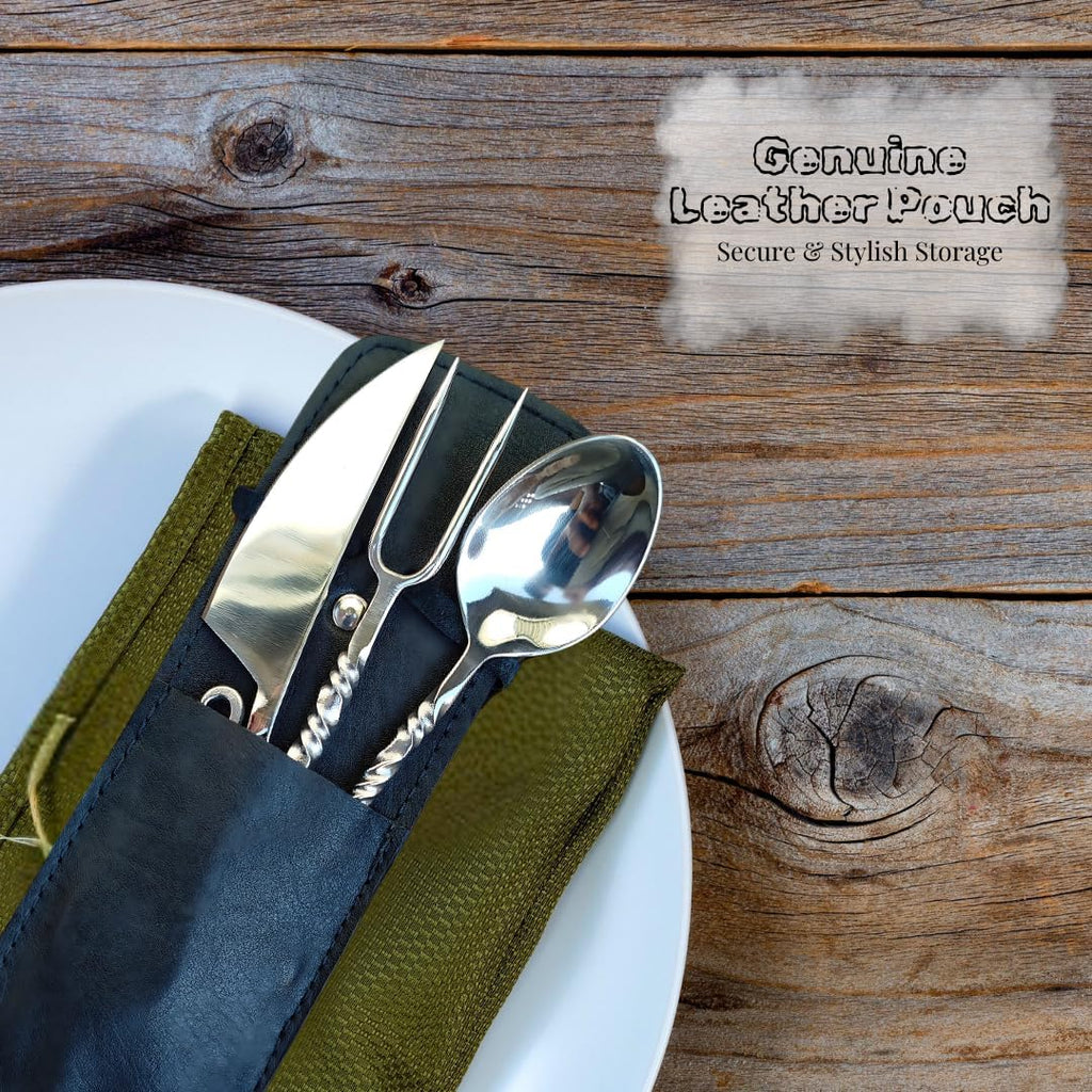 Hand Forged Medieval Cutlery Set - Viking Silverware Set With Leather Cover