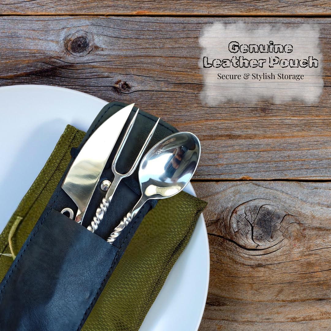 Hand Forged Medieval Cutlery Set - Viking Silverware Set With Leather Cover
