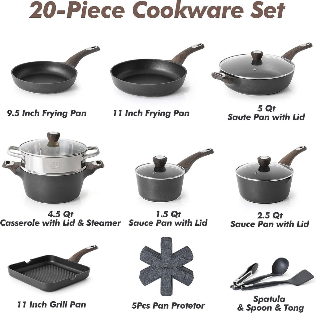 SENSARTE Pots and Pans Set Nonstick, 20 Pcs Induction Cookware Sets, Non-toxic Healthy Non Stick Kitchen Cooking Set with Stay-Cool Handles, PFOA PFOS Free, Black