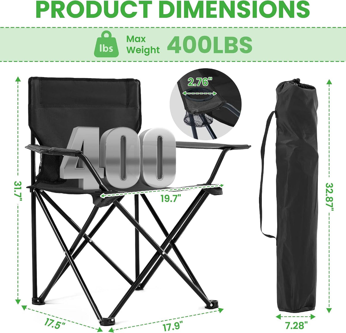 2 Pack Portable Camping Chairs Folding Lawn Chair Outdoor Lightweight Beach Chair with Cup Holder & Carry Bag for Outside Sports, Fishing, Hiking, Travel, Picnic, Backyard (Black-Dark)
