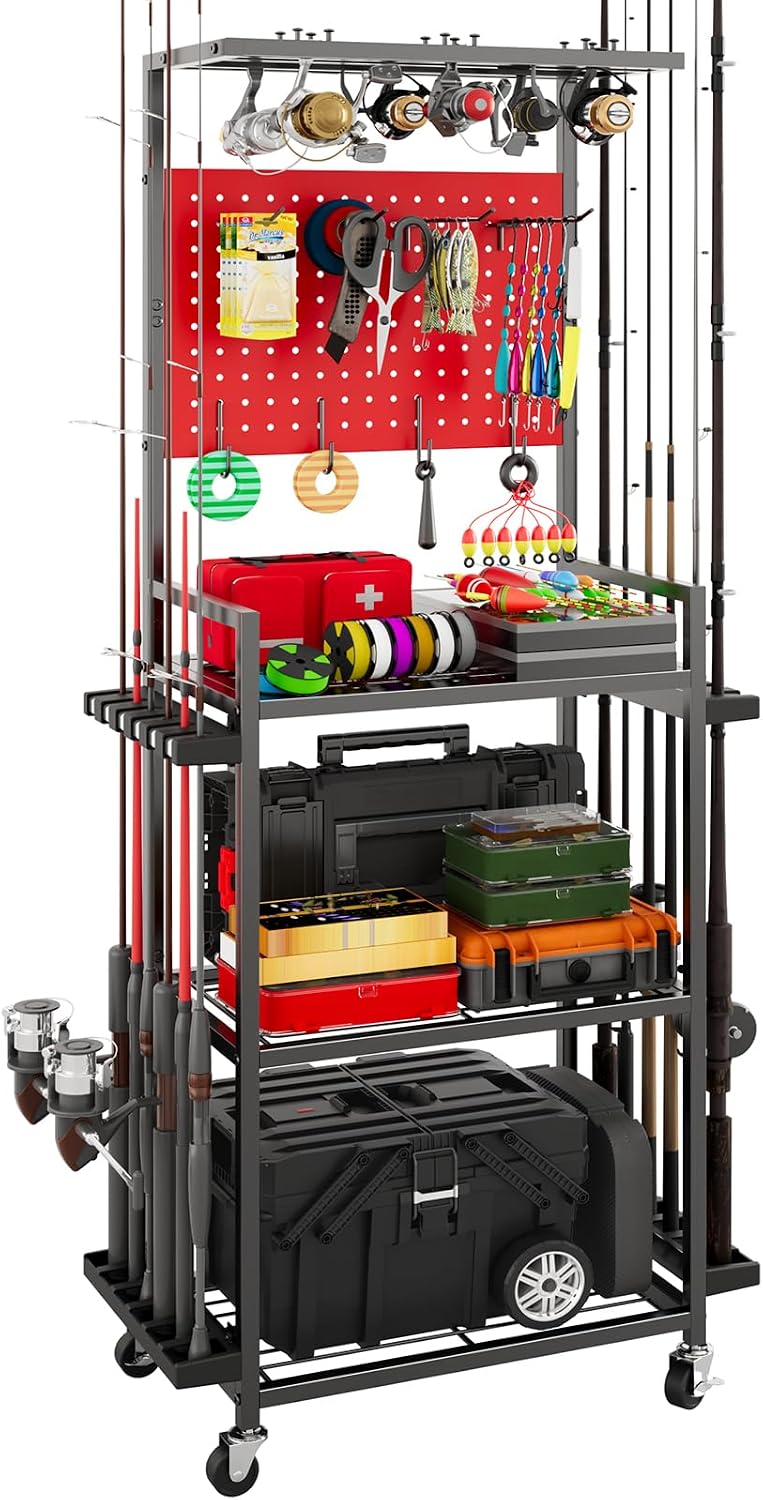 Fishing Rod Holders for Garage, 12-Rod Rolling Tackle Cart, Red