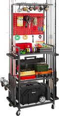 Fishing Rod Holders for Garage, 12-Rod Rolling Tackle Cart, Red