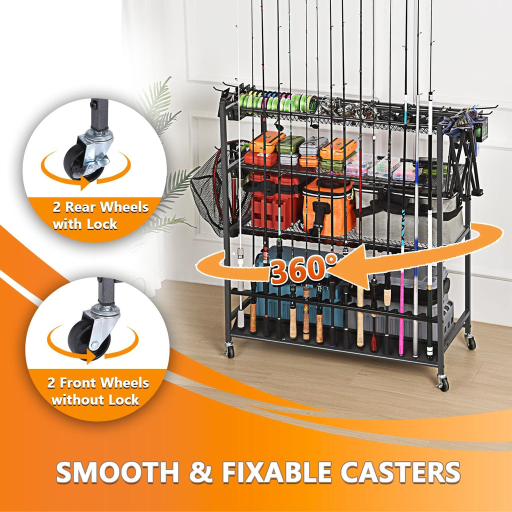 Heavy Duty Fishing Rod Rack, Fishing Organizer for Garage, Fishing Gear Holder for Garage with Movable Wheels