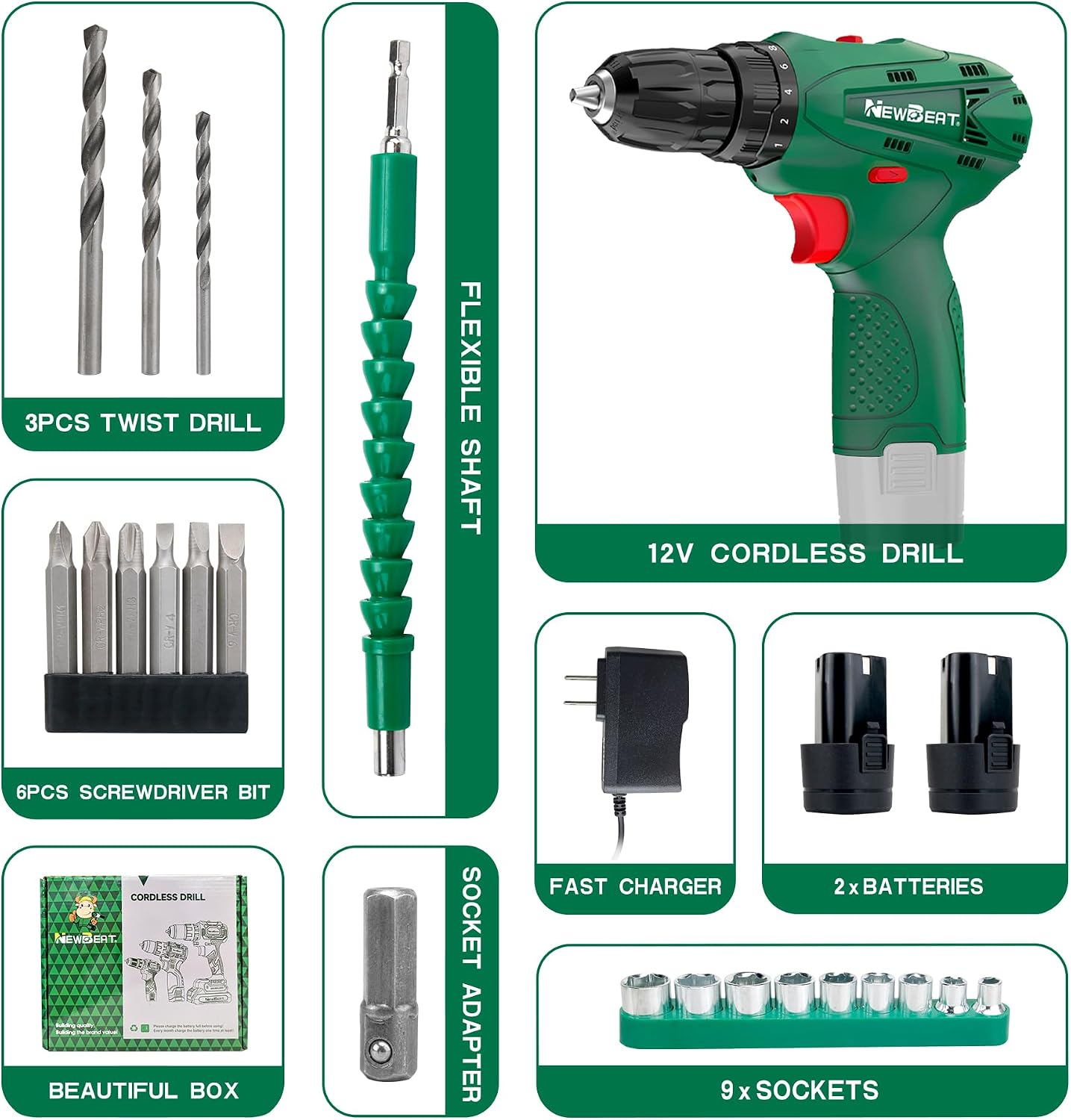 12V Cordless Drill Set with 2 Batteries for Home DIY
