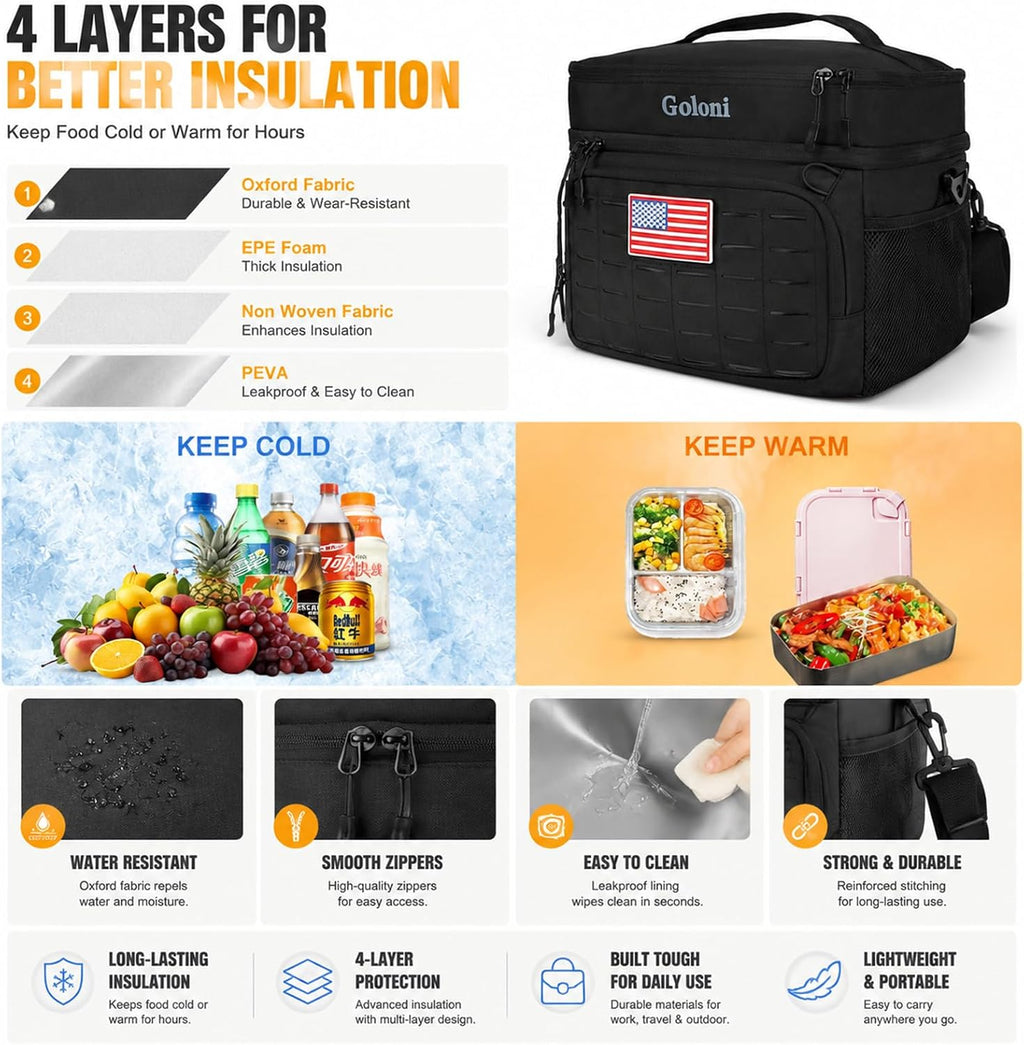 Goloni Lunch Box for Men & Women, Small Cooler Soft Thermal Leakproof Bag with Shoulder Strap, Multi-Pockets for Picnic, Beach, Camping