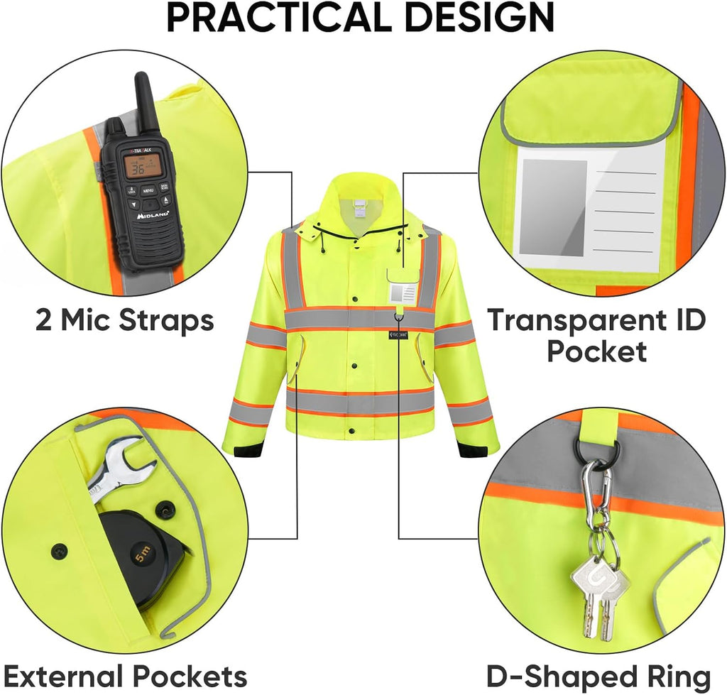 TICONN Reflective Rain Jacket, Waterproof ANSI Class 3 Hi Vis Safety Coat