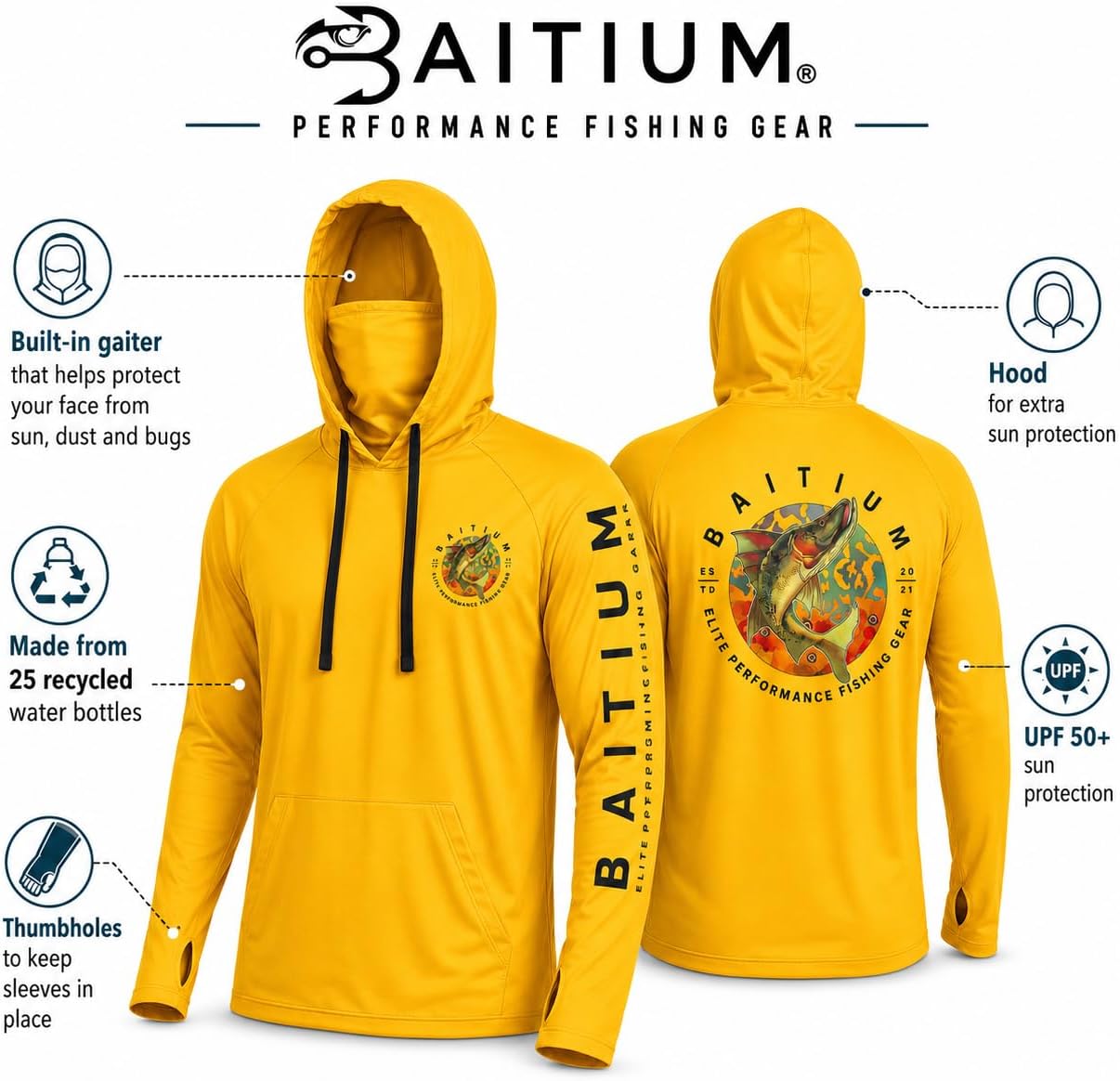 Fishing Shirts for Men,UPF50 Hooded Long Sleeve with Gaiter, Sun Protection Dry Fit Apparel, Face Mask, Fishing Clothes
