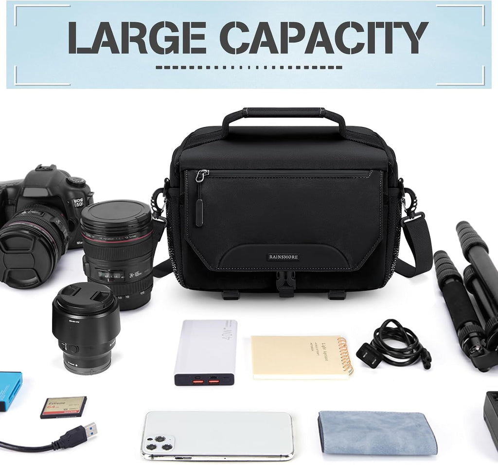 RAINSMORE Camera Bag, Small Camera Sling Bag Waterproof Camera Case, Black