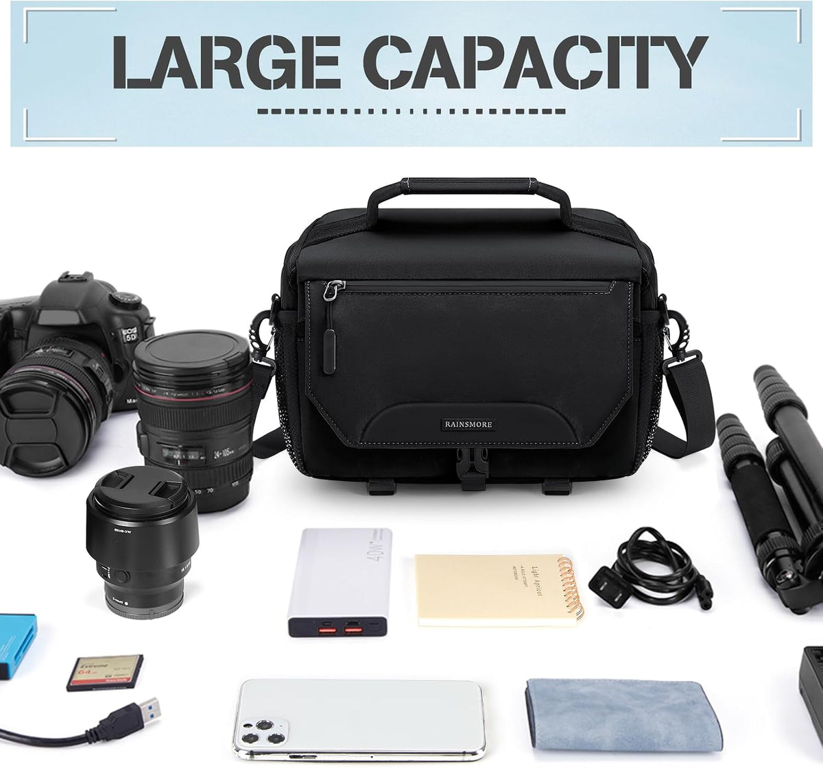 RAINSMORE Camera Bag, Small Camera Sling Bag Waterproof Camera Case, Black
