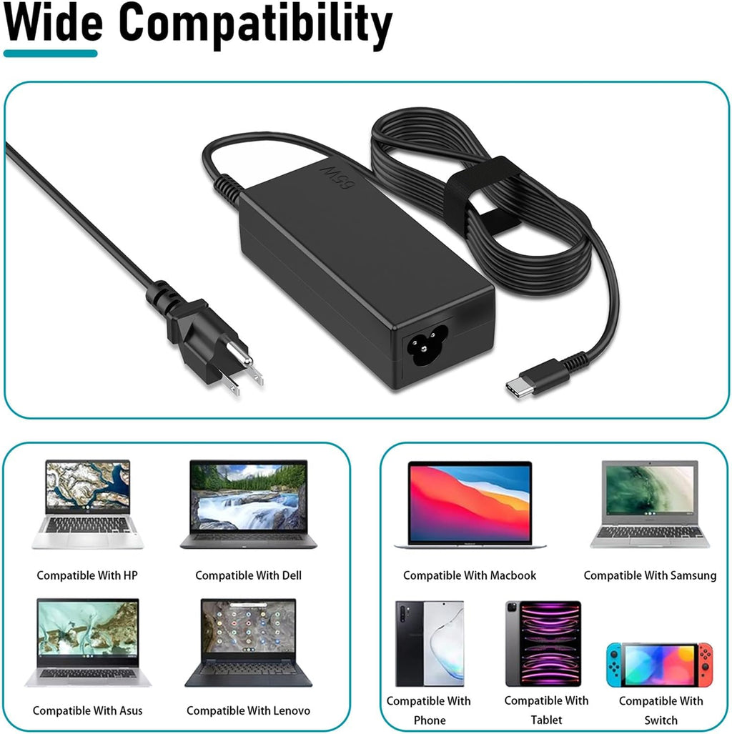 65W USB C Laptop Charger Compatible with Lenovo Dell HP Acer Asus