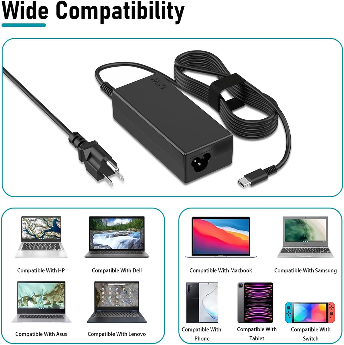 65W USB C Laptop Charger Compatible with Lenovo Dell HP Acer Asus