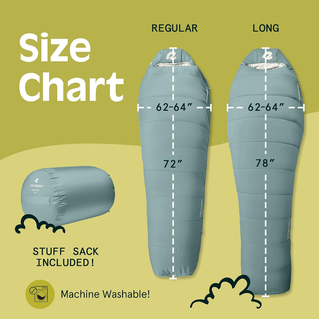 Retrospec Dream Mummy Sleeping Bag - 5, 15, & 30°F Cold Weather Camping & Travel Essential Gear with Water - Resistant Shell & Synthetic Fill - Zippered Pocket & Stuff Sack