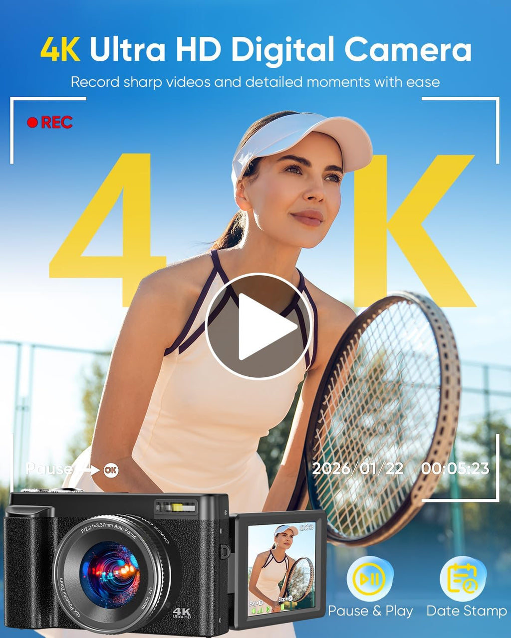 2026 Upgraded 4K Digital Camera 64MP WiFi 180° Flip Screen Autofocus, Black