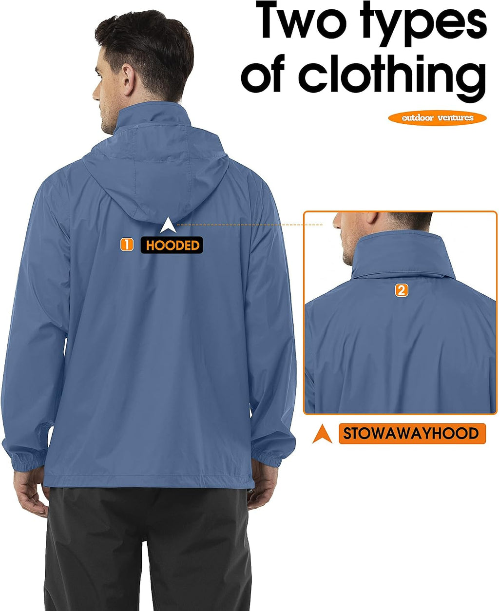 Outdoor Ventures Men's Rain Jacket Waterproof Lightweight Packable Raincoat