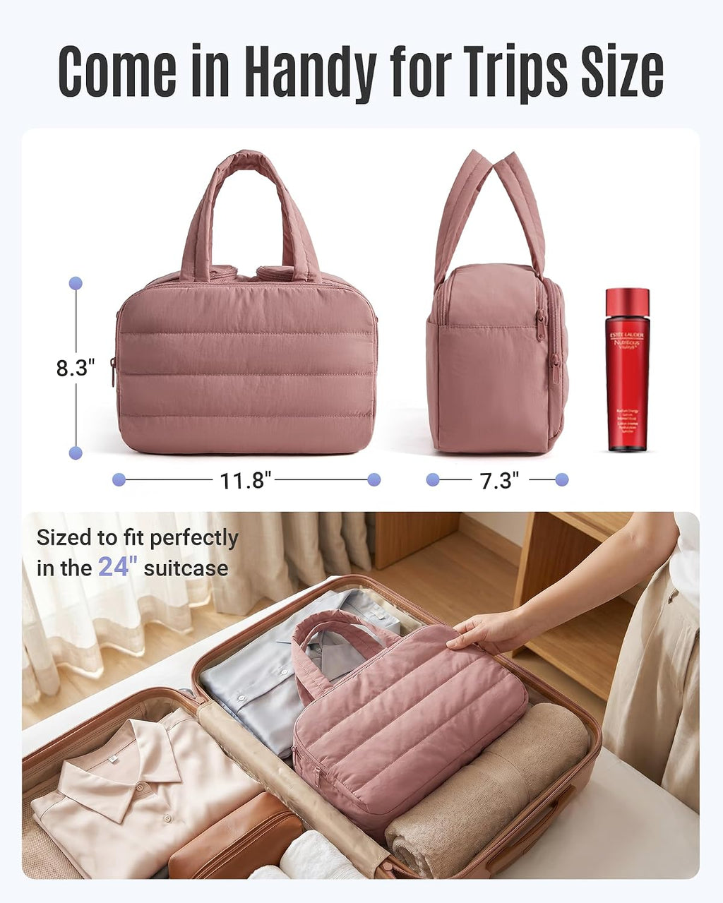 LIGHT FLIGHT Travel Toiletry Bag, Quilted Travel Makeup Cosmetic Bag Organizer, Toiletry Bags for Traveling Women, Make up Bag with Handle, Brown