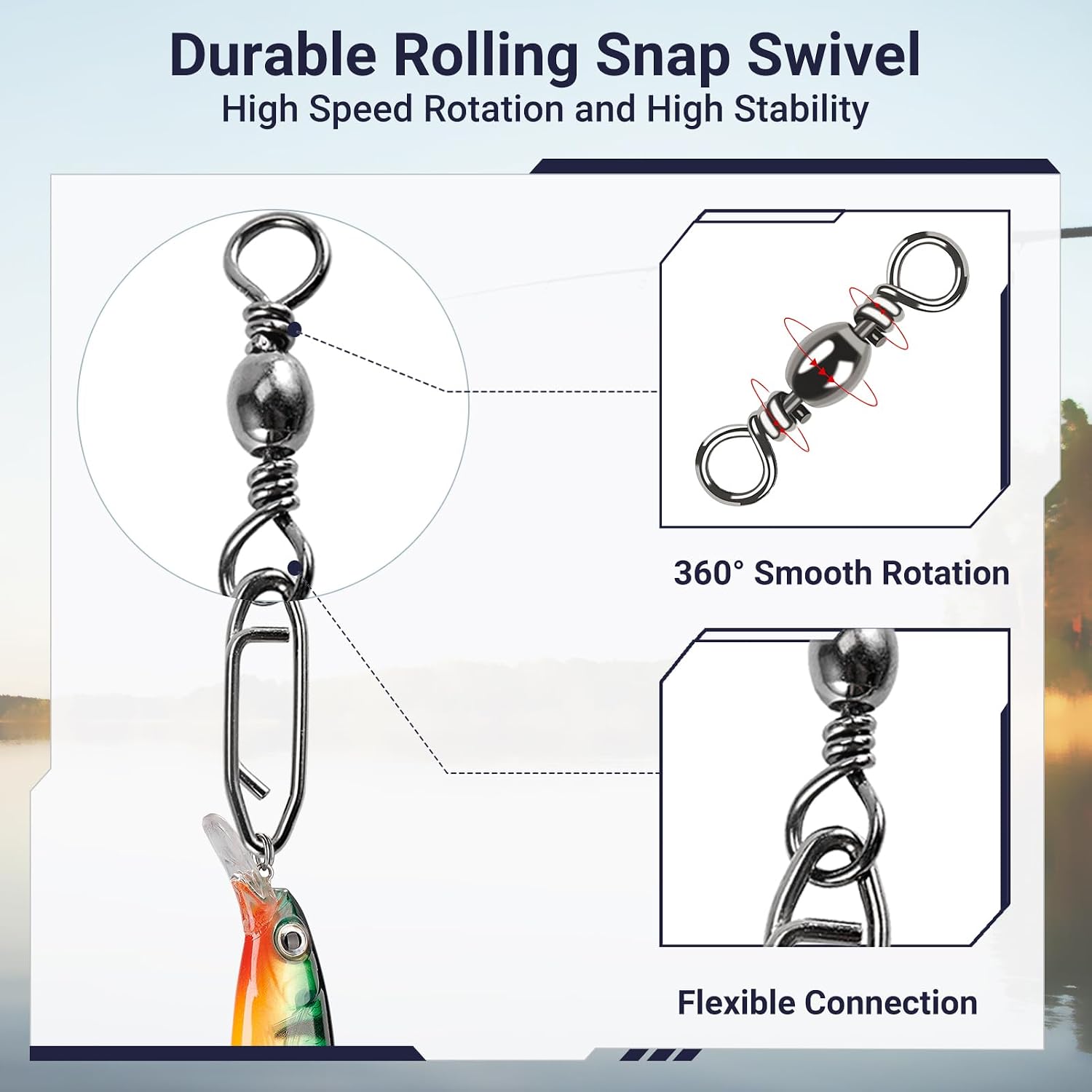 QISHUO High Strength Fishing Swivels Stainless Clips Steel Snap Swivels Barrel Connector Saltwater Swivel Fishing Rolling Black Nickel