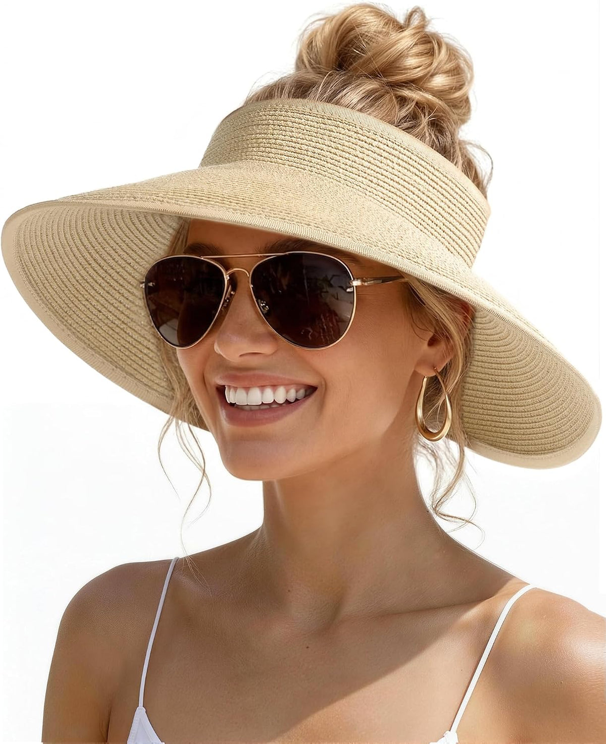 Womens Sun Visor Hats Wide Brim Straw Beach Hat UV Protection Ponytail Packable Beach Vacation Essentials