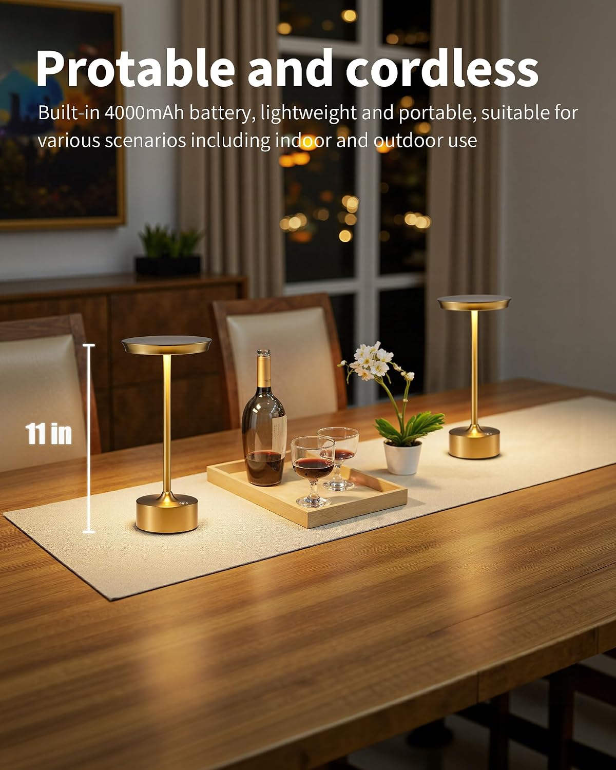 PUSU Rechargeable Table Lamps Set of 2, Gold Cordless Portable Desk Lamp