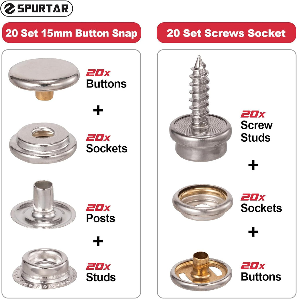 Spurtar Heavy Duty Snap Button Kit Adjustable 15mm Snap Fastener Tool