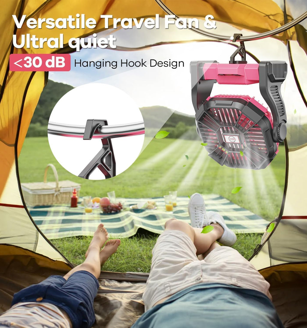 DOWILLDO 30000mAh Portable Battery Powered Camping Fan - with LED Light, Quiet Battery Operated, Camping Gear for Travel, Tent, Beach, Car or Hurricane Power Outages, Pink