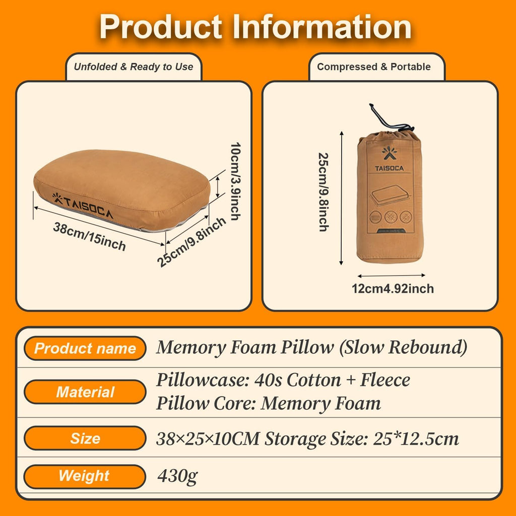 Camping Pillow Memory Foam Pillow, Portable Backpacking Pillow for Travel, Lightweight Compact Pillow with Washable Cover for Camping, Hiking, Backpacking (L)
