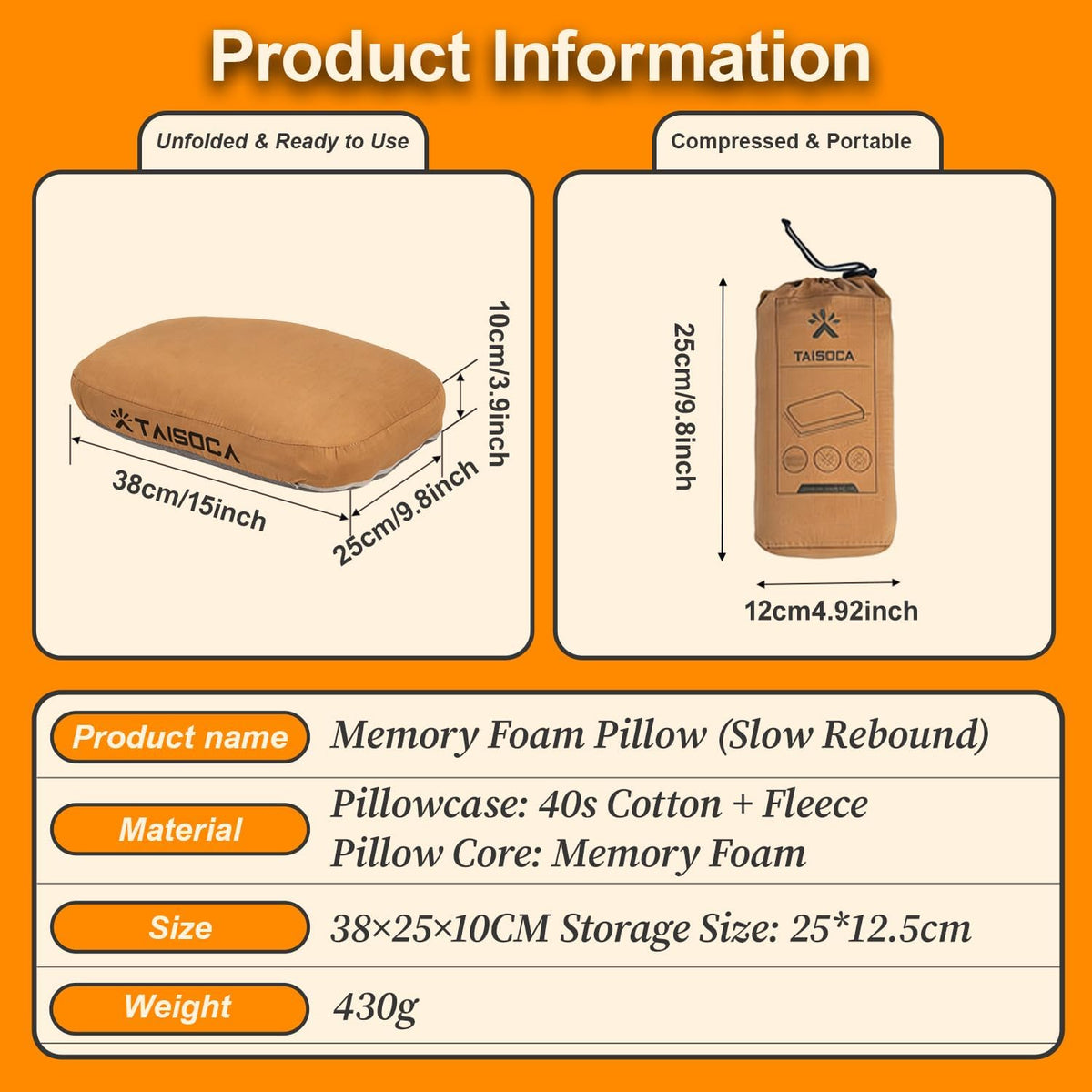 Camping Pillow Memory Foam Pillow, Portable Backpacking Pillow for Travel, Lightweight Compact Pillow with Washable Cover for Camping, Hiking, Backpacking (L)