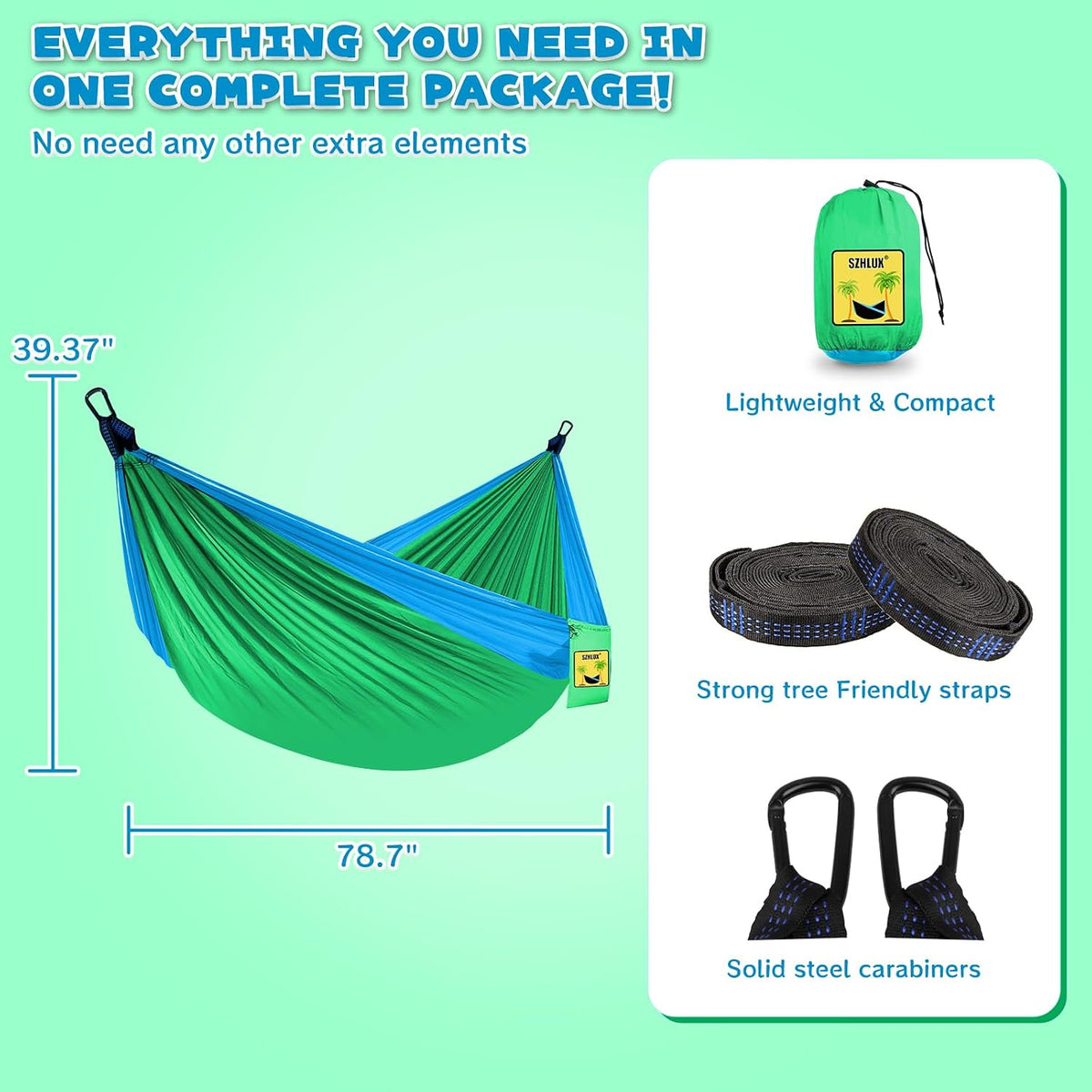 SZHLUX Kids Hammock - Kids Camping Gear, Camping Accessories with 2 Tree Straps and Carabiners for Indoor/Outdoor Use, Sapphire Blue & Grass Green