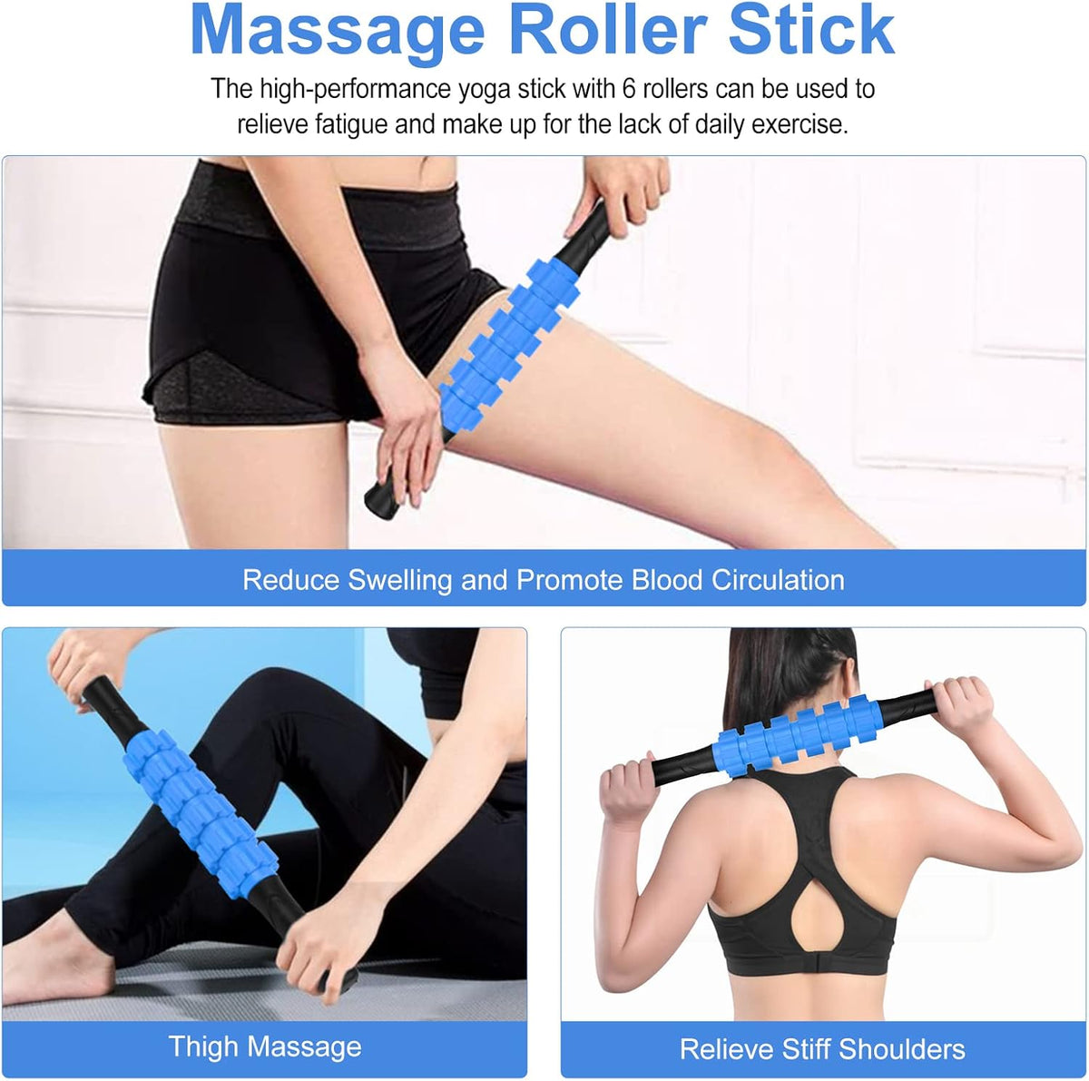 Aucuu 5 in 1 Foam Roller Set Includes Hollow Core Massage Roller, Yoga Stick, Massage Ball, Fitness Stretching Strap, Massage Roller, Carrying Bag, Towel (Blue)