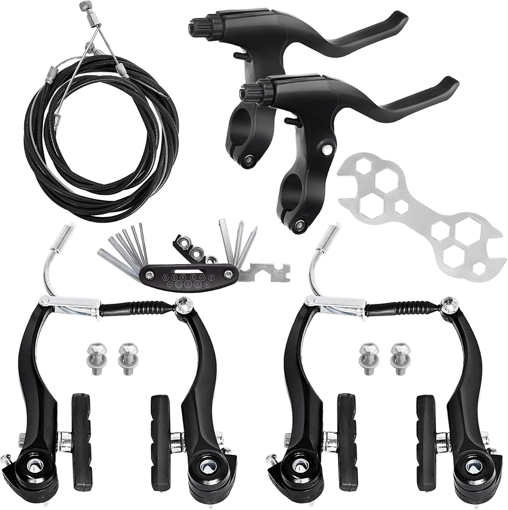 Gashwer V-Type Bike Brakes Set, Complete Universal Bike Front and Rear MTB Bicycle Brake, Inner and Outer Callipers Cables Lever Kit with Multi-Tool Wrenches Black