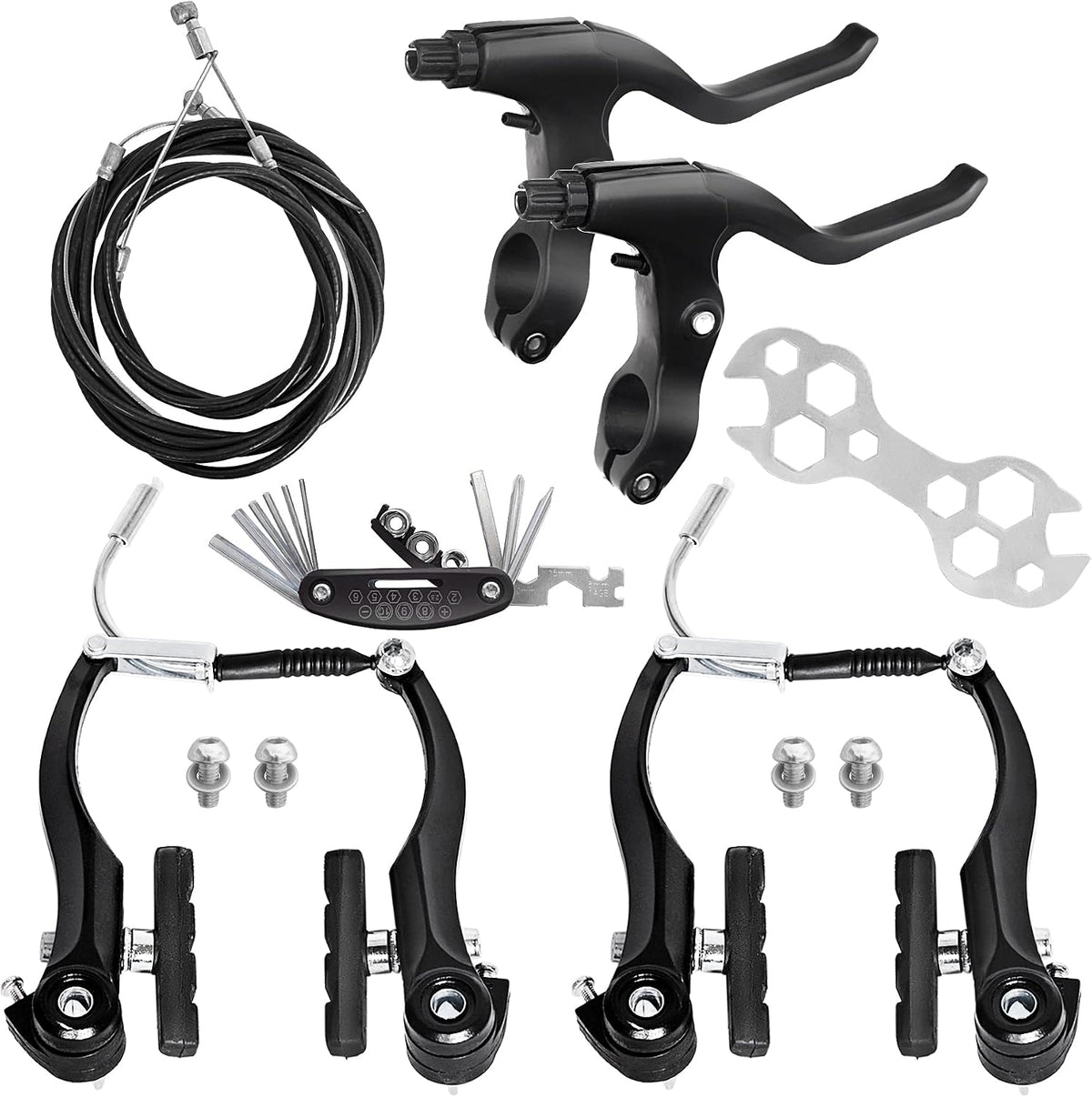 Gashwer V-Type Bike Brakes Set, Complete Universal Bike Front and Rear MTB Bicycle Brake, Inner and Outer Callipers Cables Lever Kit with Multi-Tool Wrenches Black