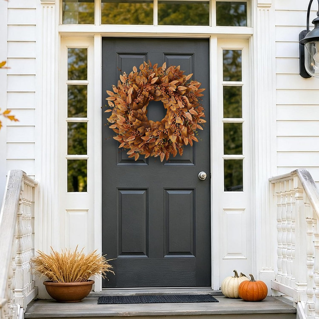 26" Fake Fall Eucalyptus Wreath with Berry for Front Door Decor(Orange) | Artificial UV-resistant Outdoor Wreath, Faux Eucalyptus Leaves Plant for Home/Porch/Window/Wall/Farmhouse/Autumn Decor