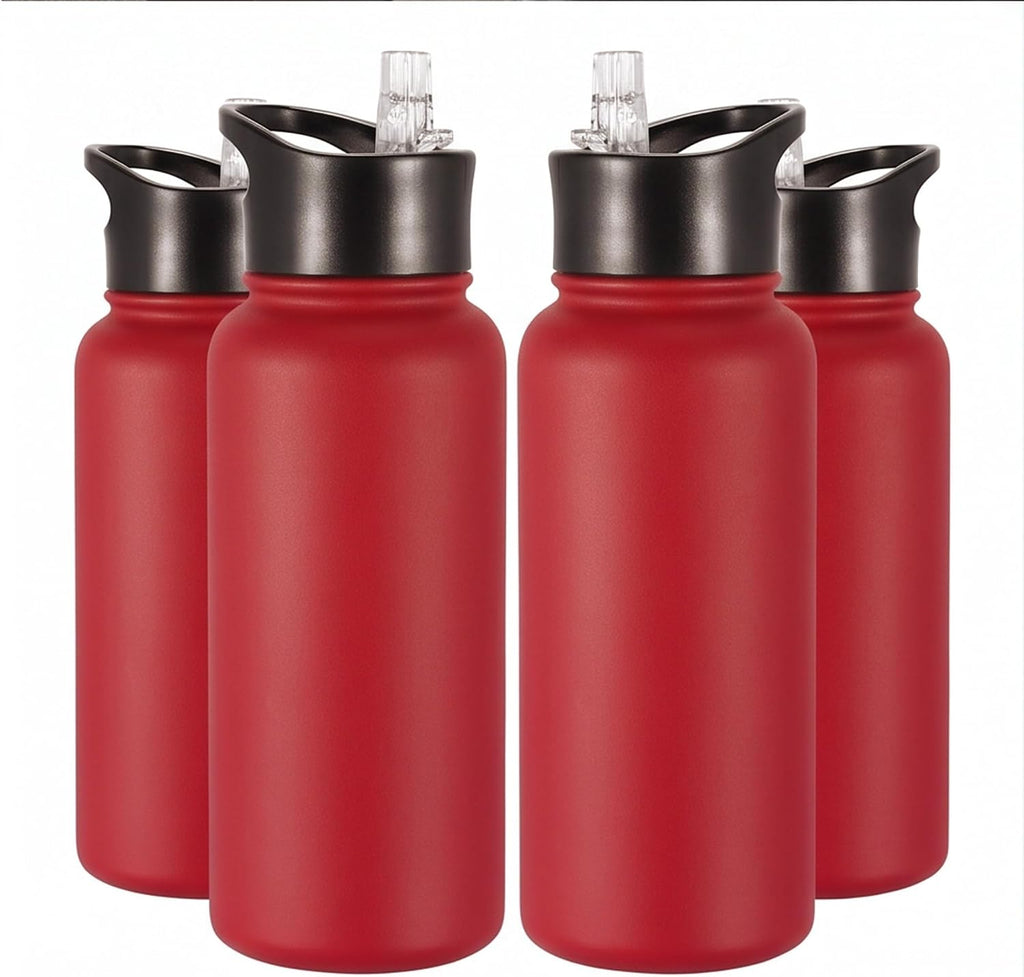 VEGOND 32 oz Insulated Water Bottle Bulk Stainless Steel Metal Water Bottles with Leak Proof Straw Lid & Spout Lid, Wide Mouth Double Walled Vacuum Travel Sports Bottle, Red 4 Pack