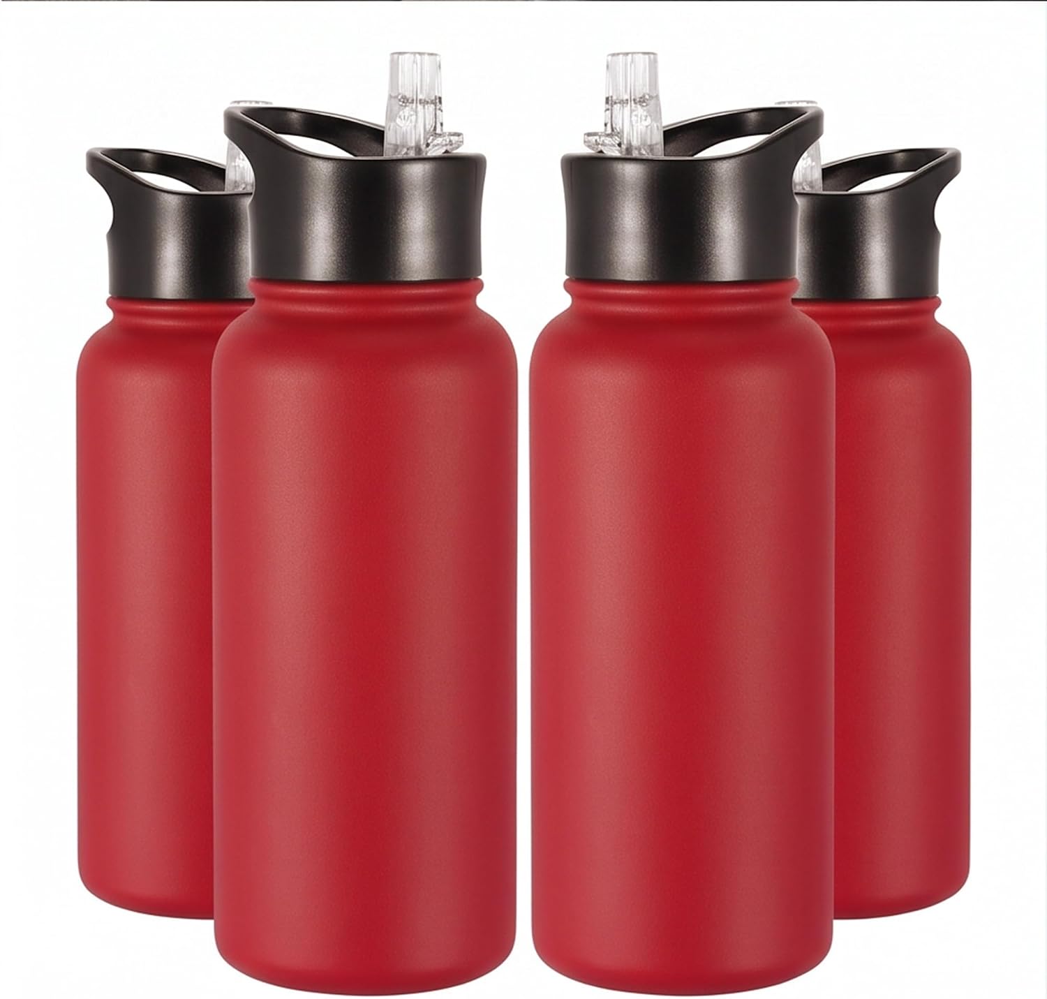 VEGOND 32 oz Insulated Water Bottle Bulk Stainless Steel Metal Water Bottles with Leak Proof Straw Lid & Spout Lid, Wide Mouth Double Walled Vacuum Travel Sports Bottle, Red 4 Pack