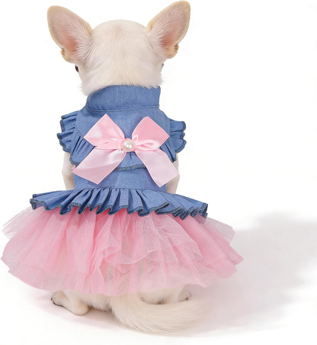 Dog Dress, Fashion Puppy Tutu Princess Dresses for Small Dogs Girl, Sweet Skirt with Dog Bowknot Clips, Spring Dog Cat Clothes Pet Apparel (Denim Princess Dress, XX-Small)