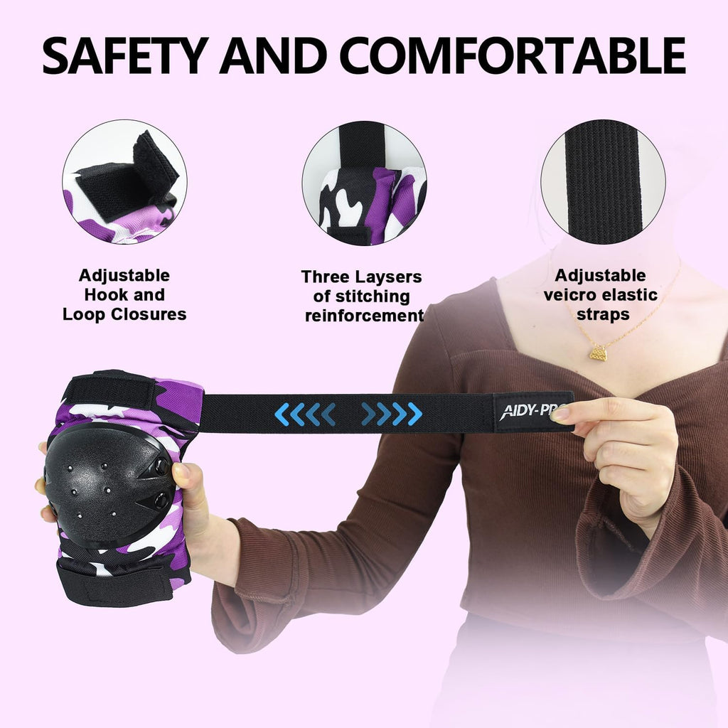AIDY-PRO Adult/Youth/Kids Knee Pads and Elbow Pads Set Skateboard Protective Gear, 6 in 1 Knee Guards Kids Wrist Guards for Roller Skating Skateboarding Biking