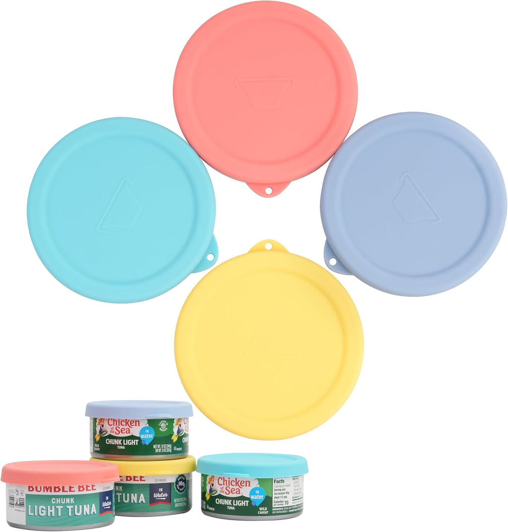 4PCs 4-inch Silicone Tuna Can Lids for 12oz Bumble Bee | Chicken of the Sea | StarKist Tuna Can, Reusable Can Topper, Can Cover for Canned Good, Freezer & Dishwasher Safe (Can NOT Included)
