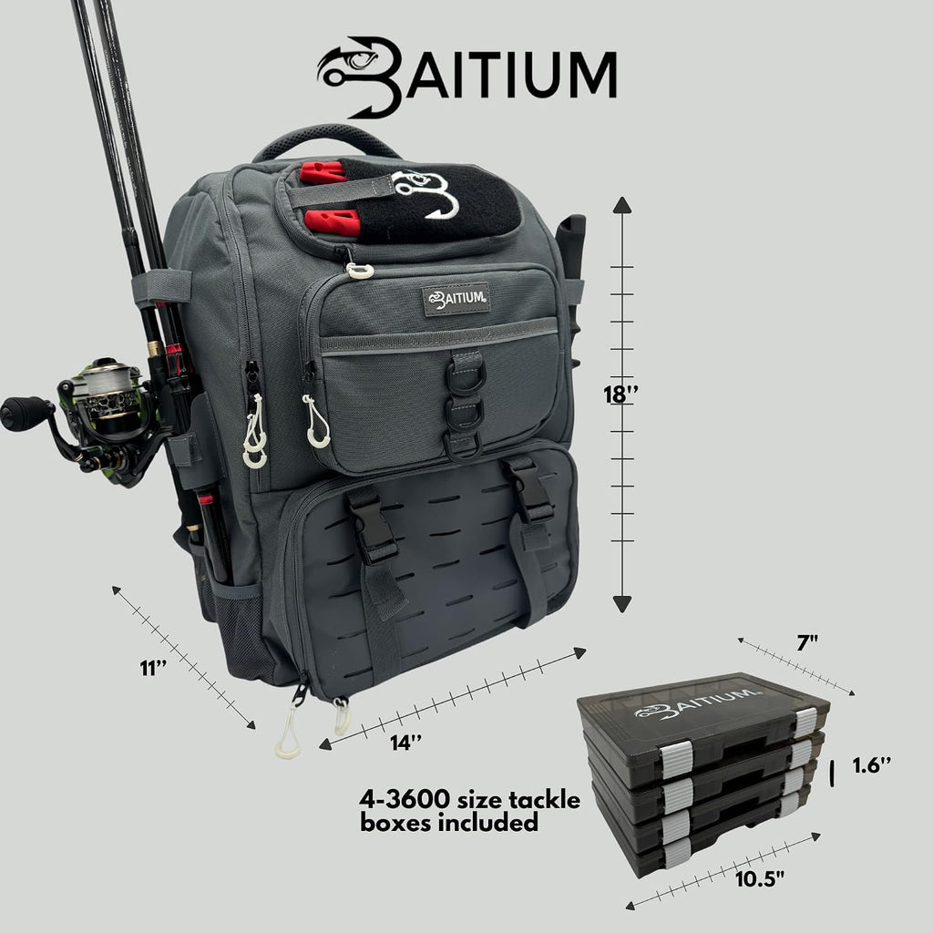 Baitium Fishing Backpack, Tackle Bag With Rod Holders, 40L Capacity With Cooler, Rain Cover, Insulated Pocket, 4 Tackle Trays Included - (Grey)