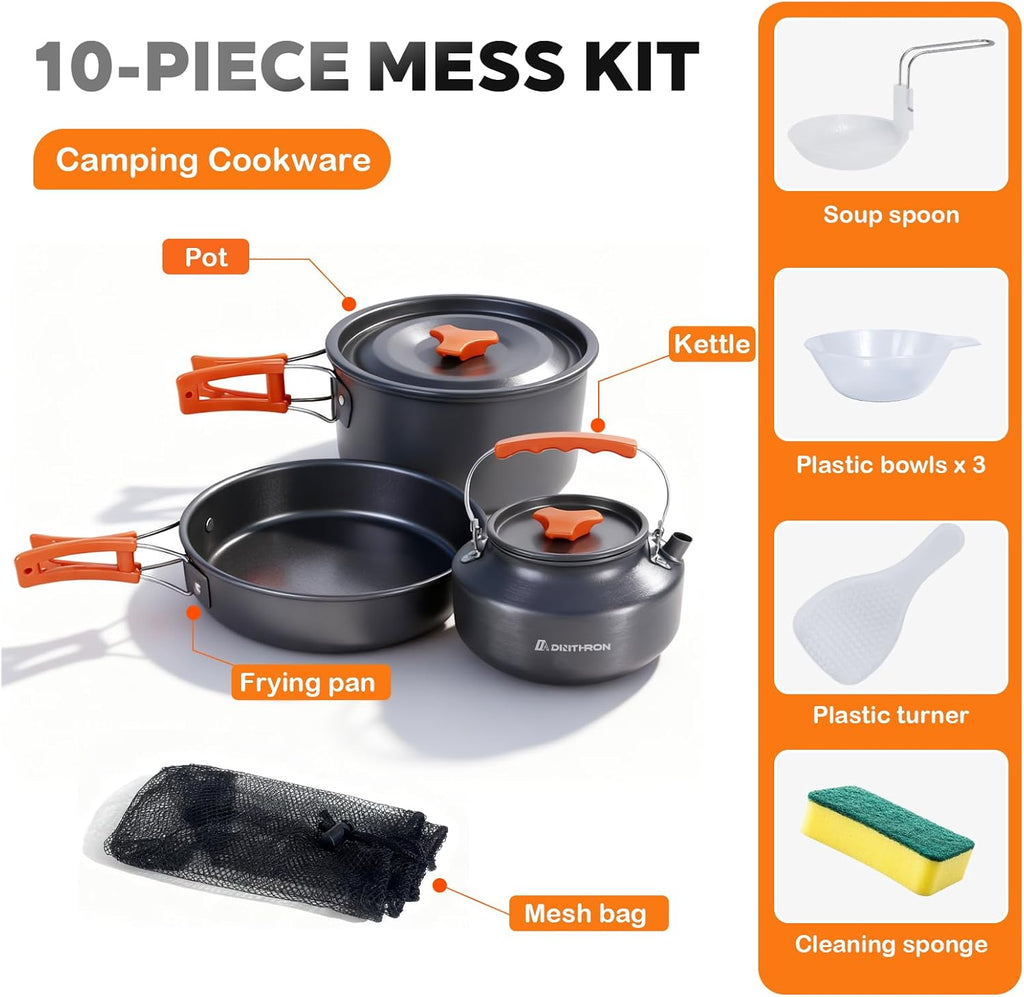 10-Piece Camping Cookware Set with 2L Pot, 1.1L Kettle and Pan