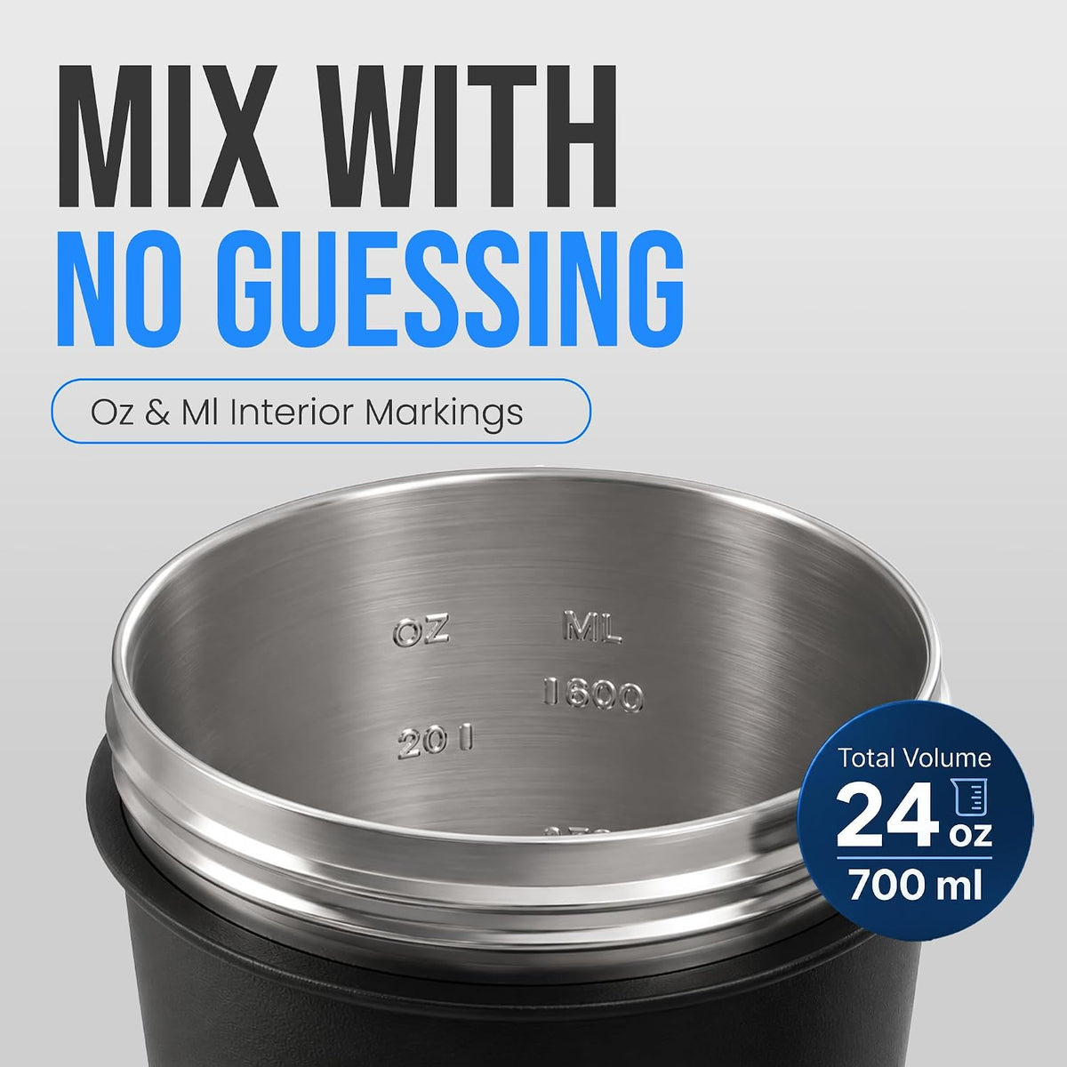 VELOMIX 24oz Stainless Steel Shaker Bottle with Wire Whisk, Black