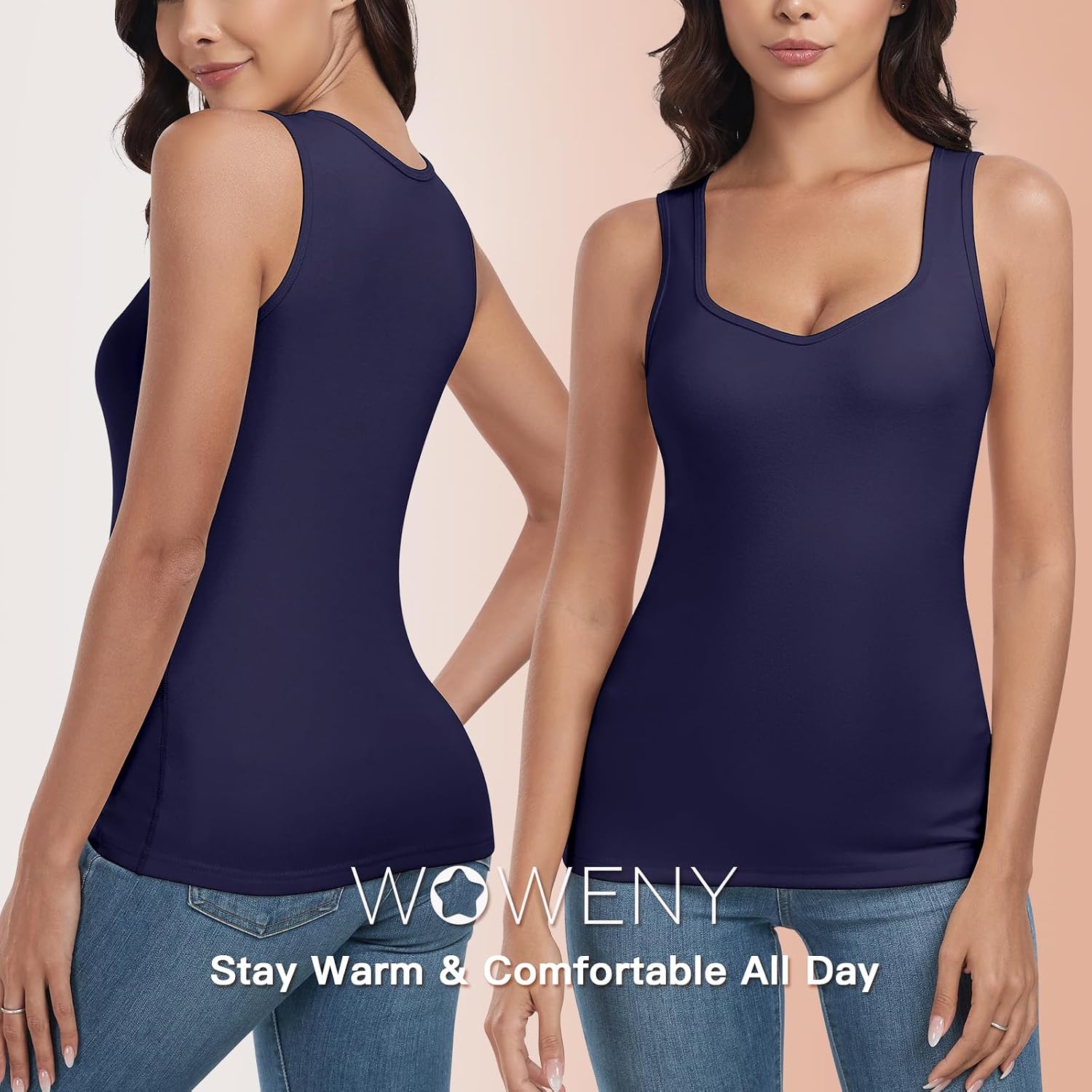 WOWENY Thermal Fleece Tank Top for Women V Neck Sleeveless Shirts Camisole Warm Base Layer Cami Vest Underwear Tops