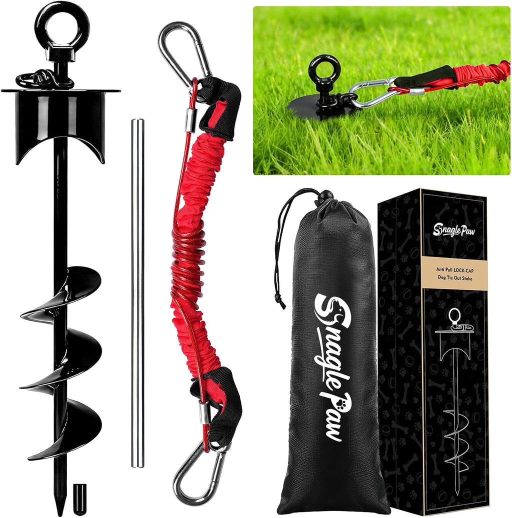 Snagle Paw Dog Tie Out Stake with Lock-Cap,Heavy Duty Dog Stakes for Outside/Yard/Camping with Shock Absorbing Bungee Tether,360°Swivel Rust Proof Ground Anchor for Dog Cable,Leash,Chain,up to 360 Lbs