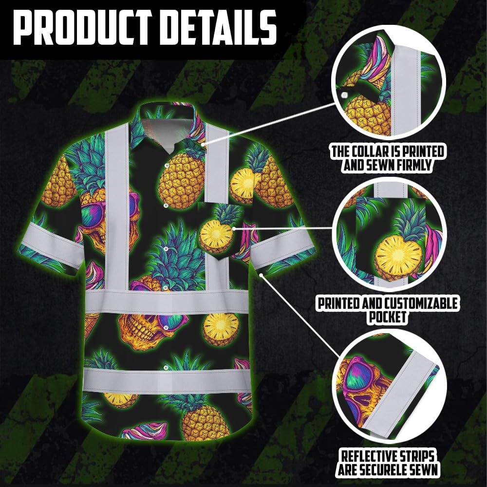 High Visibility Hawaiian Shirt for Men Tropical Shirts Custom Name Floral Outfit Reflective Safety Workwear