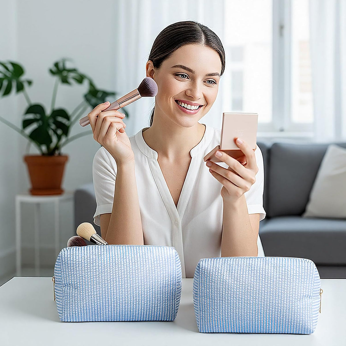 Sanwuta 6 Pcs Seersucker Cosmetic Bags Bulk, Striped Zippered,Light Blue