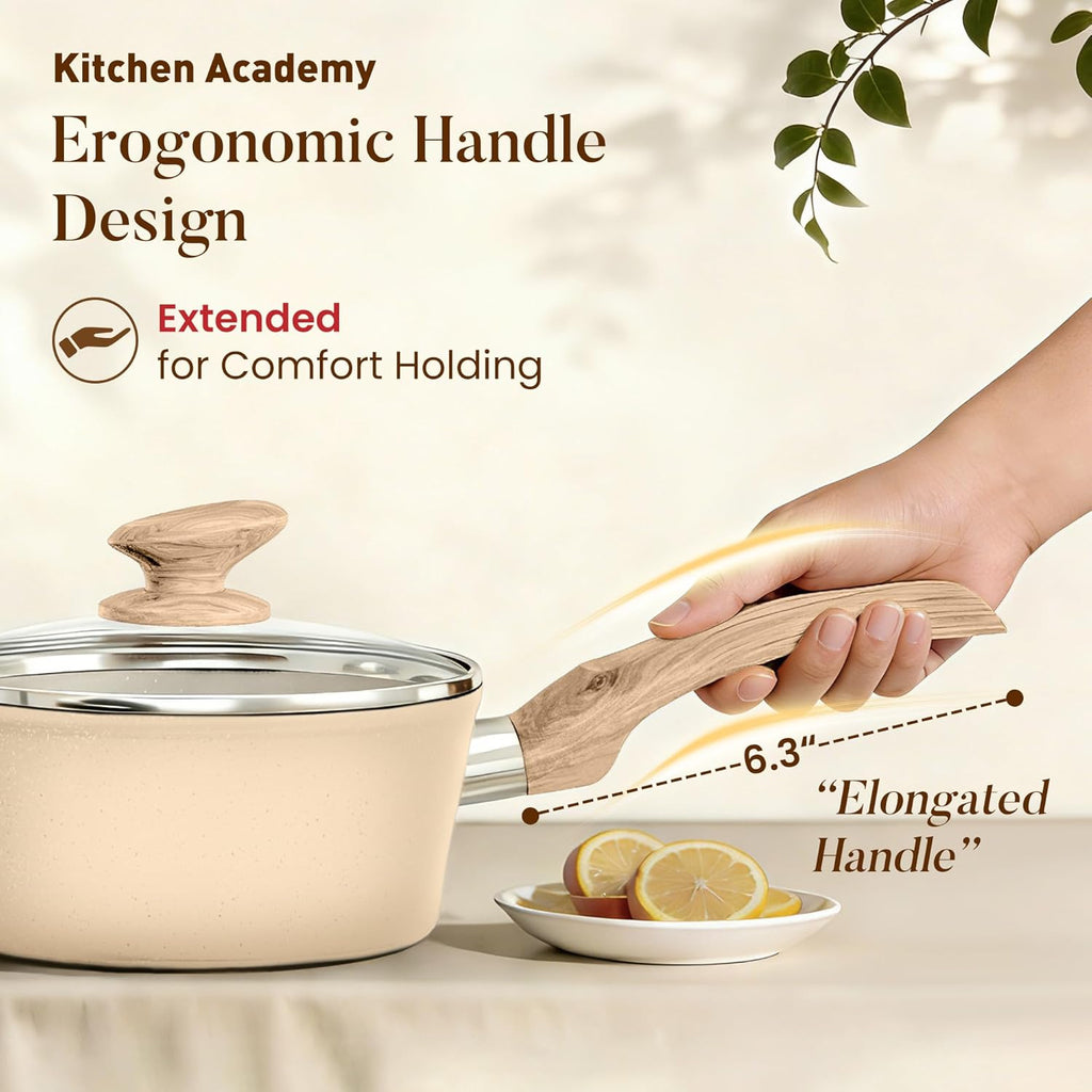 Kitchen Academy Beige Pots and Pans Set Non Stick, 12Pcs Induction Cookware